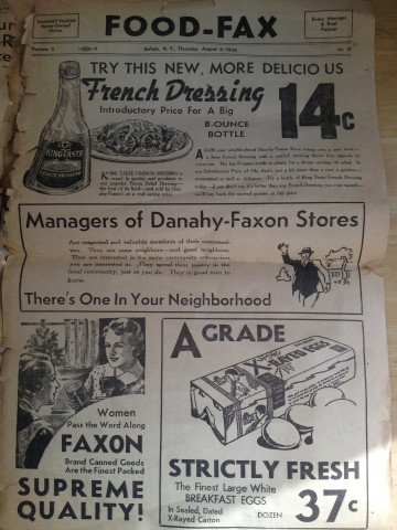 "Women pass the word along Faxon brand canned goods are the finest packed supreme quality!" And x-rayed eggs for 37 cents a dozen.