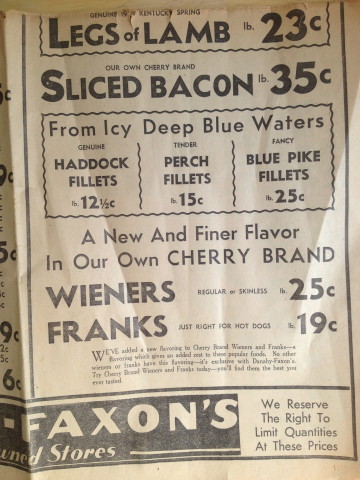 1) 35-cent bacon?! 2) I love ad copy from this era - fish "From Icy Deep Blue Waters" 3) Wieners and franks are different things